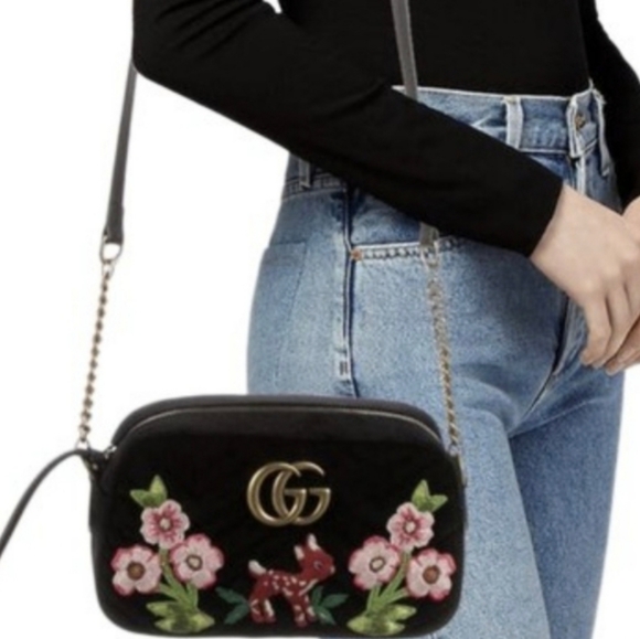 GUCCI Marmont GG Matelasse Fawn Embroidered Black Velvet Crossbody Bag - Picture 11 of 14
